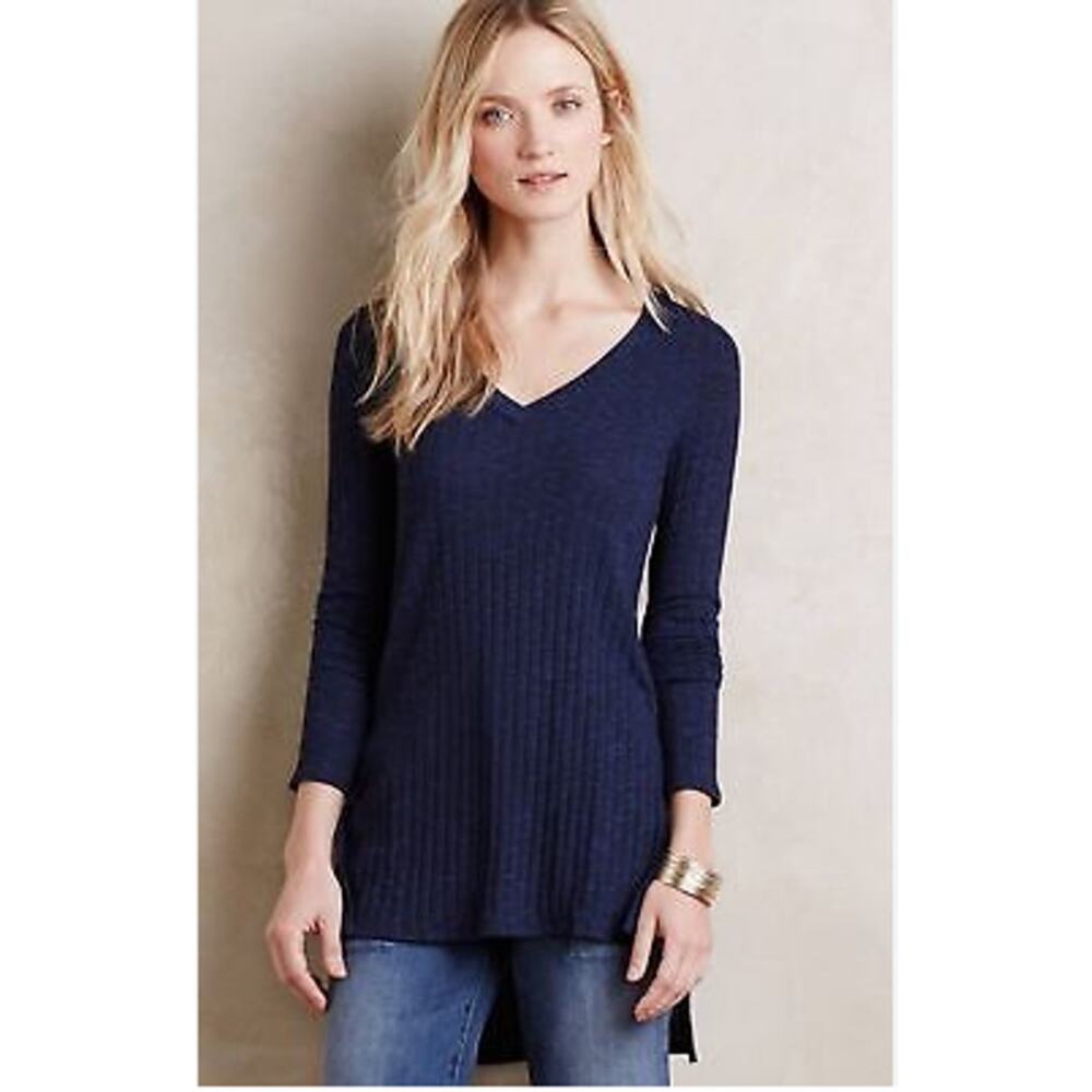Anthropologie Deletta High-Low Tunic Top Navy Blue Ribbed Side Buttons M
